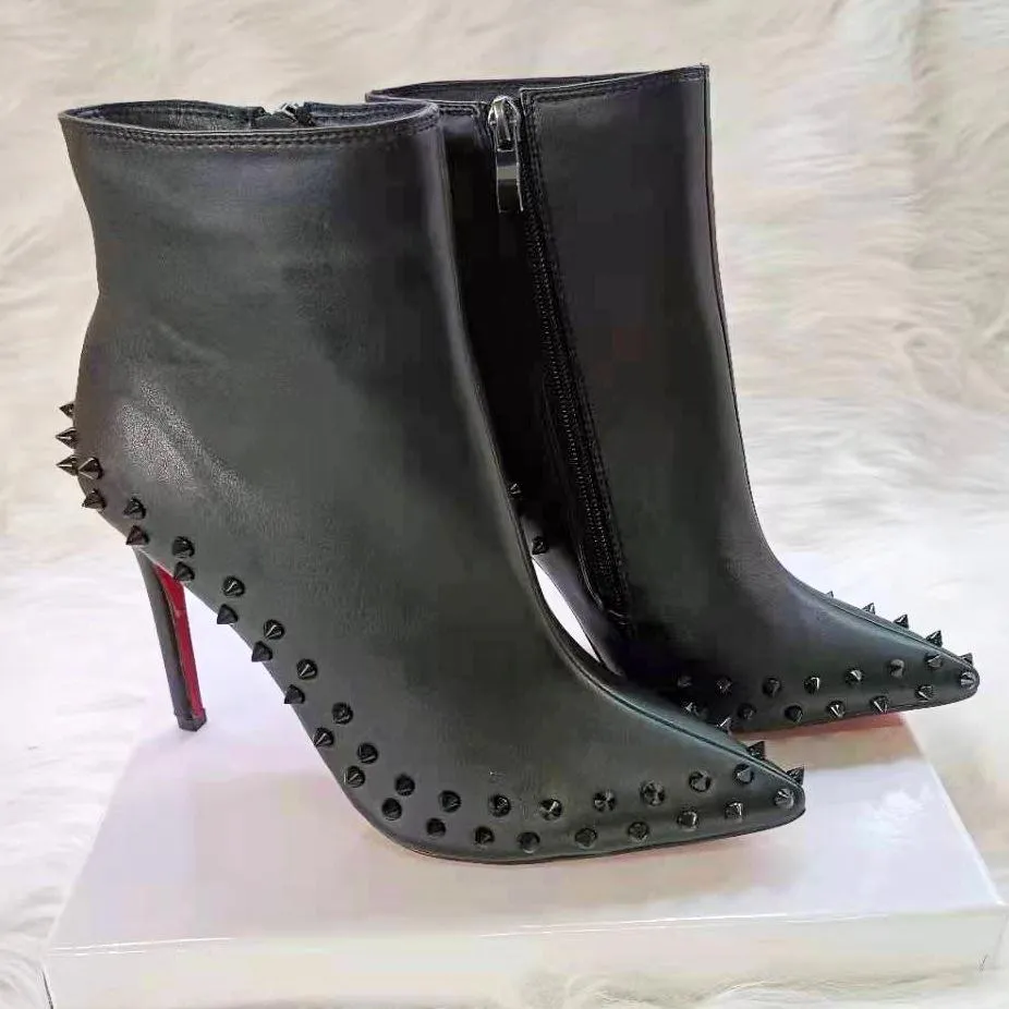 Women short pointed toe side zipper studded stiletto heeled boots