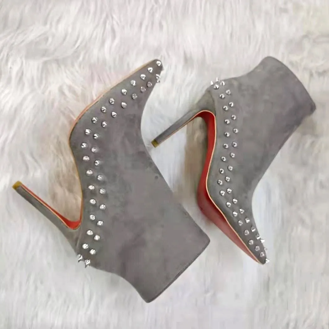 Women short pointed toe side zipper studded stiletto heeled boots