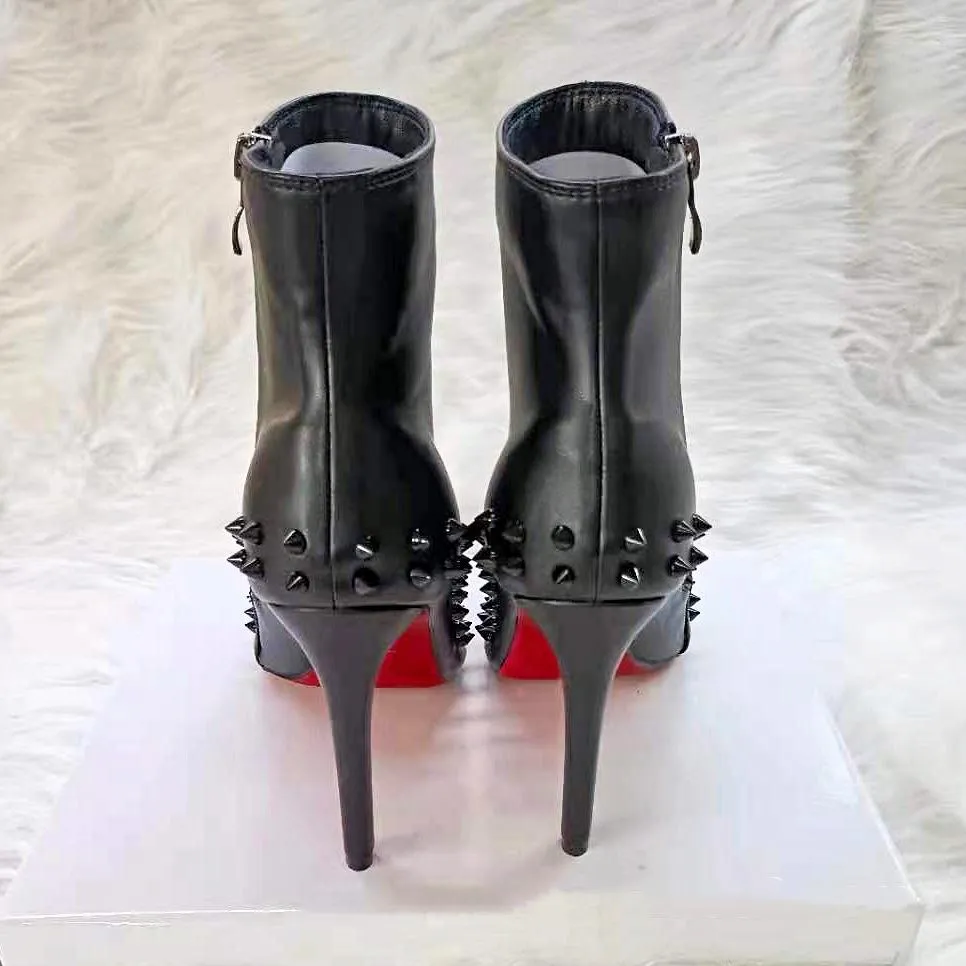 Women short pointed toe side zipper studded stiletto heeled boots
