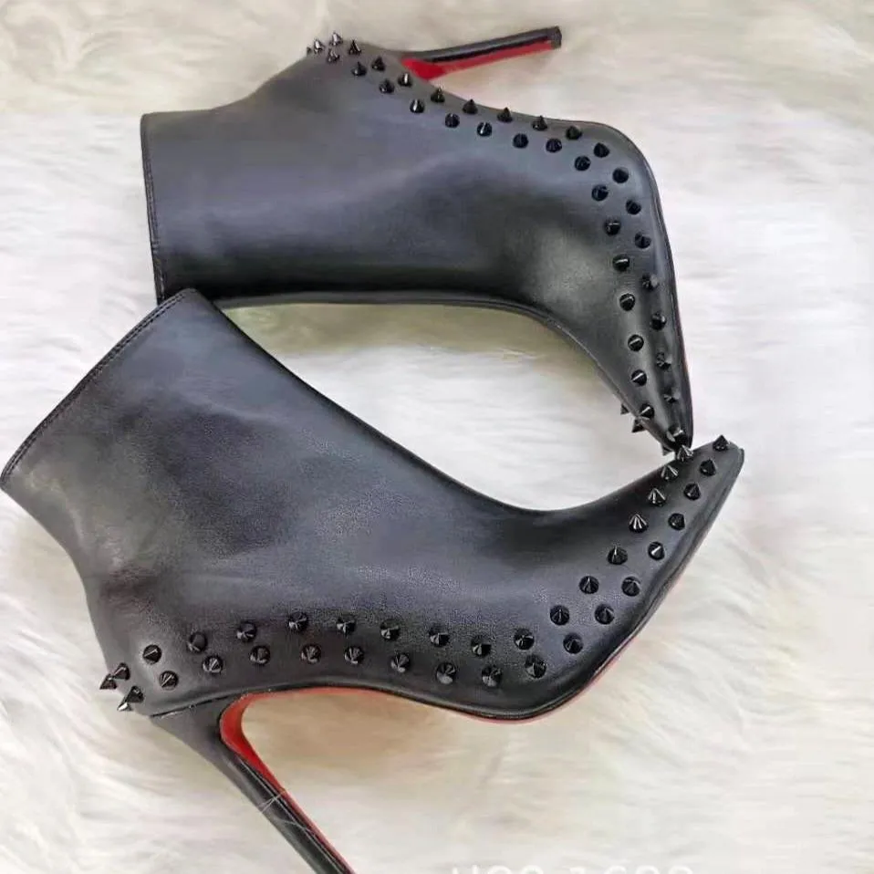 Women short pointed toe side zipper studded stiletto heeled boots
