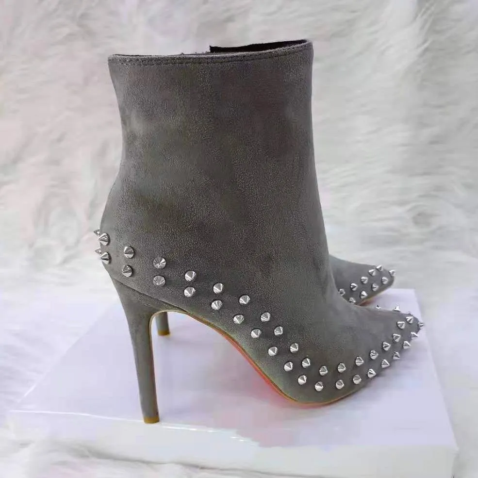 Women short pointed toe side zipper studded stiletto heeled boots