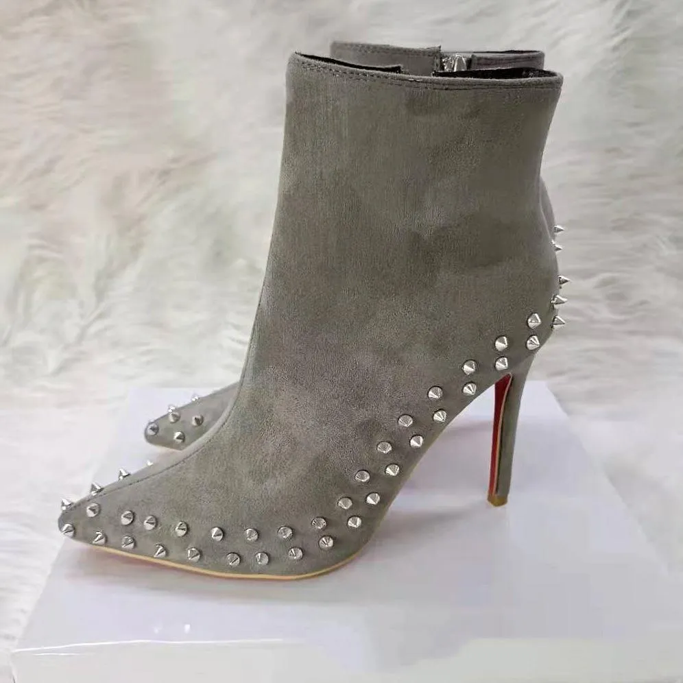 Women short pointed toe side zipper studded stiletto heeled boots