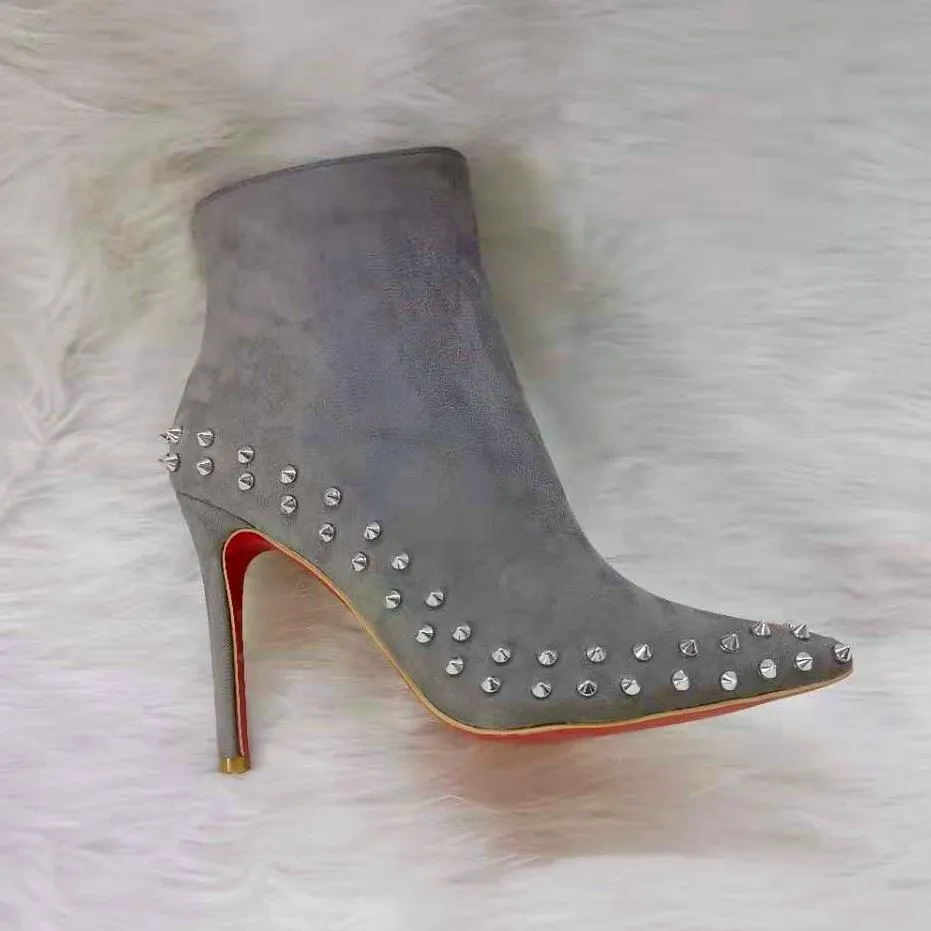 Women short pointed toe side zipper studded stiletto heeled boots