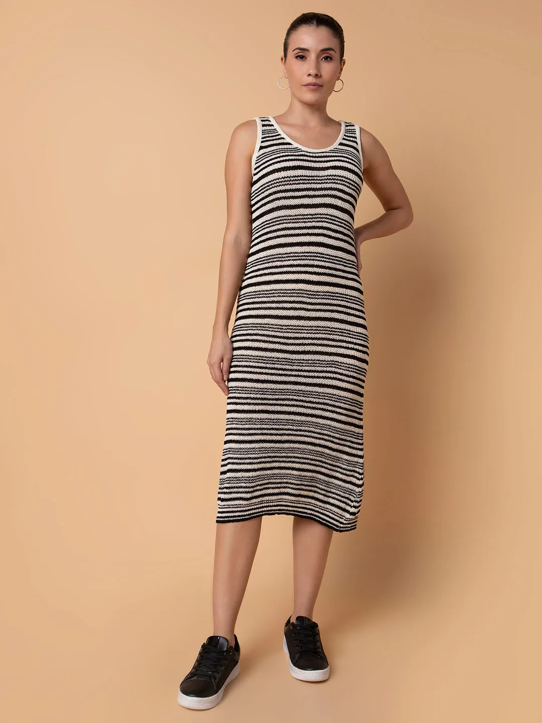 Women Striped Black Midi A-Line Dress