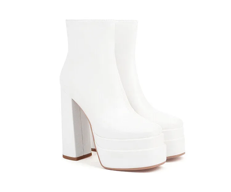 Women's Booties Glossy Side Zippers Chunky Heel Platform Short Boots