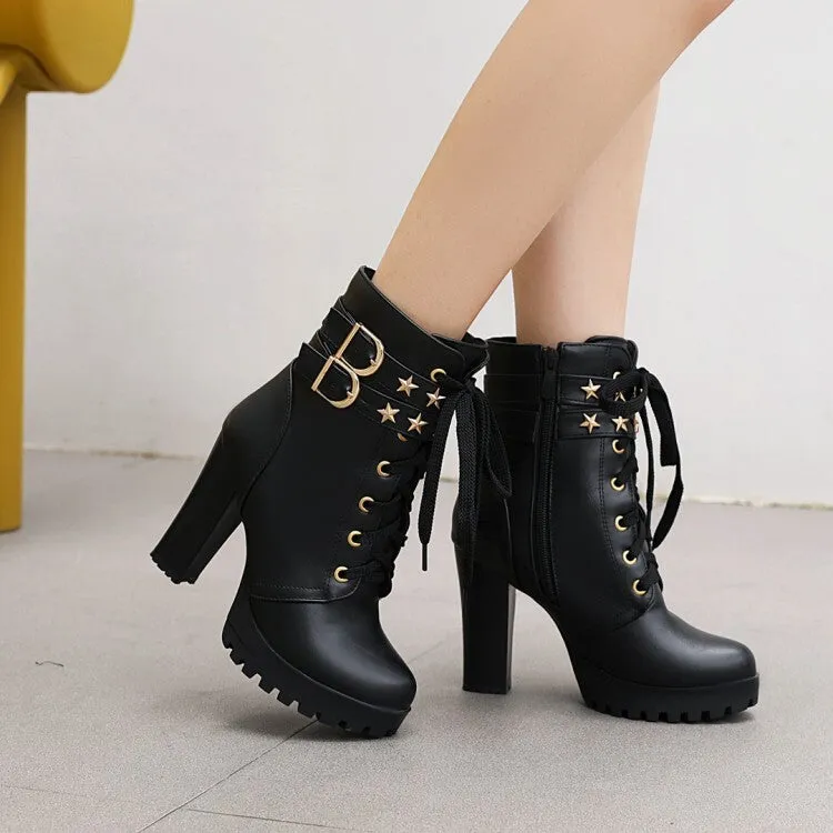 Women's Booties Stars Buckles Lace-Up Block Chunky Heel Platform Short Boots