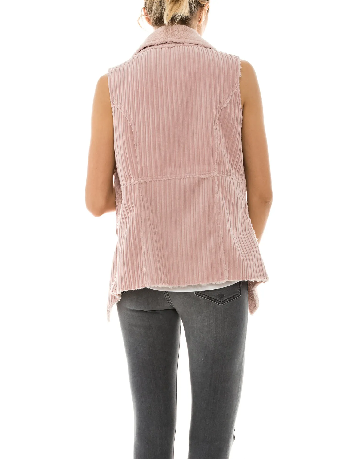 Womens Faux Fur Shearing Fully Lined Suede Vest Coat with Stripe Textured