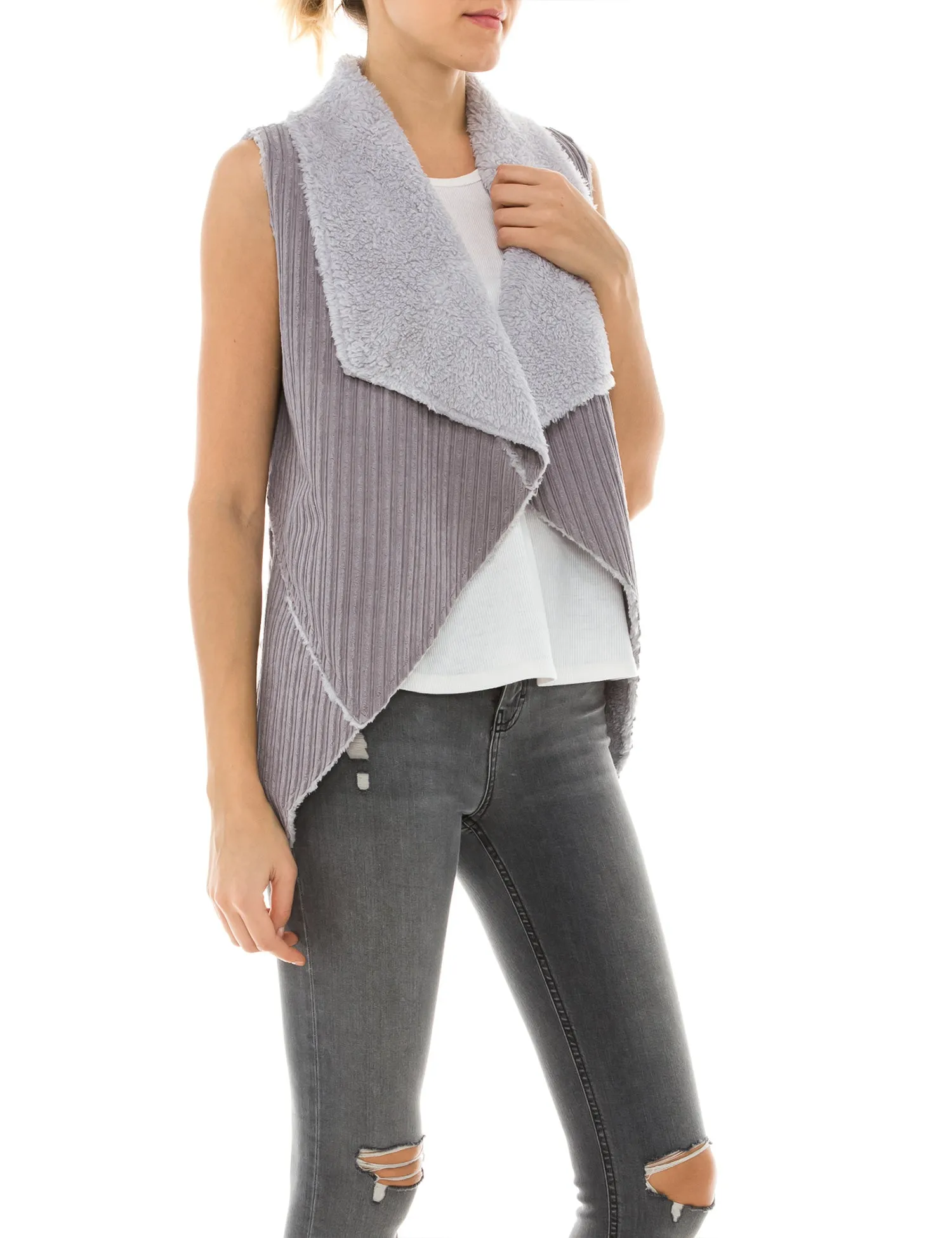 Womens Faux Fur Shearing Fully Lined Suede Vest Coat with Stripe Textured