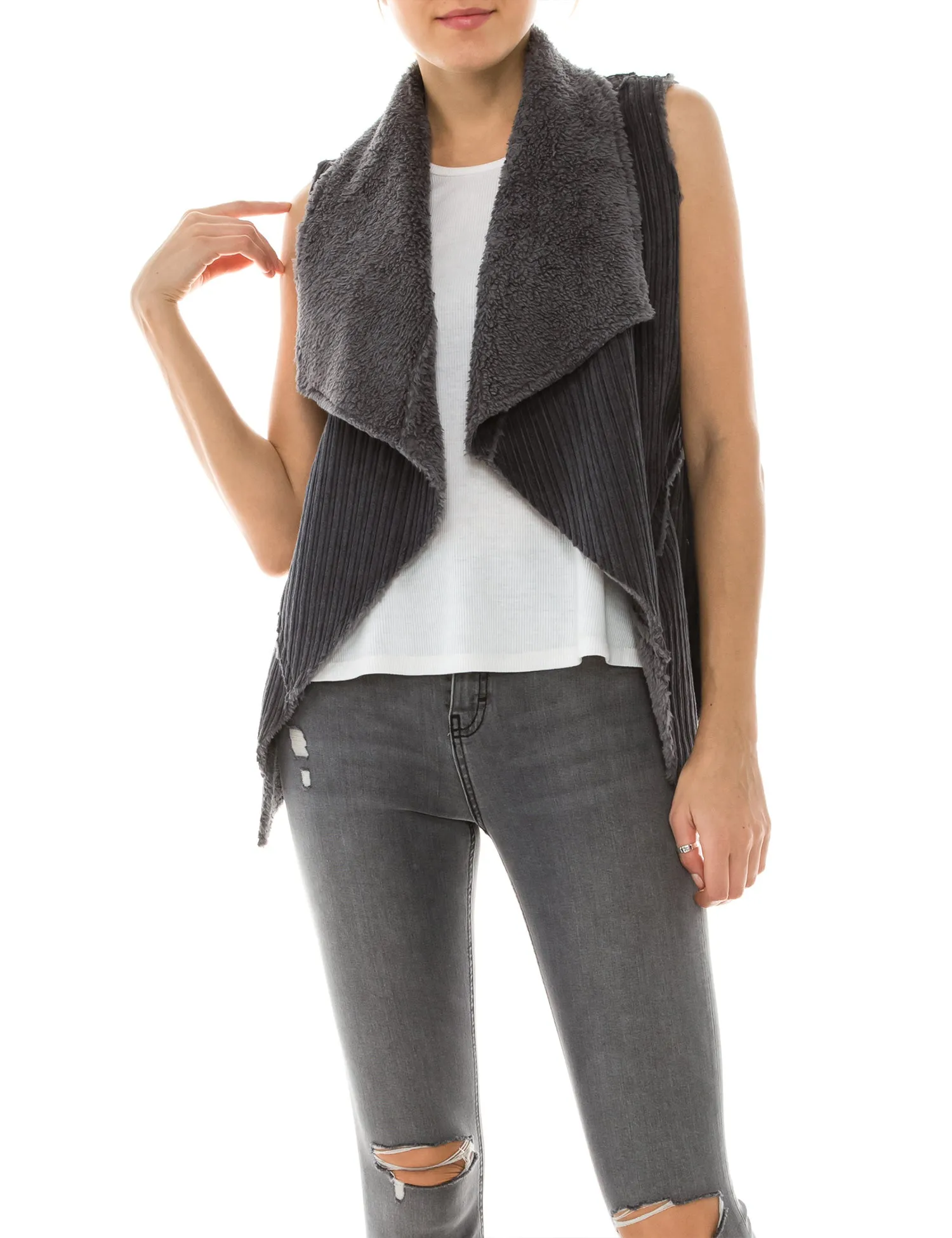 Womens Faux Fur Shearing Fully Lined Suede Vest Coat with Stripe Textured