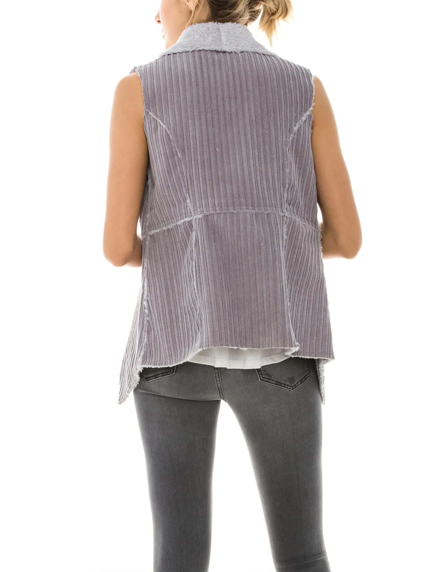 Womens Faux Fur Shearing Fully Lined Suede Vest Coat with Stripe Textured