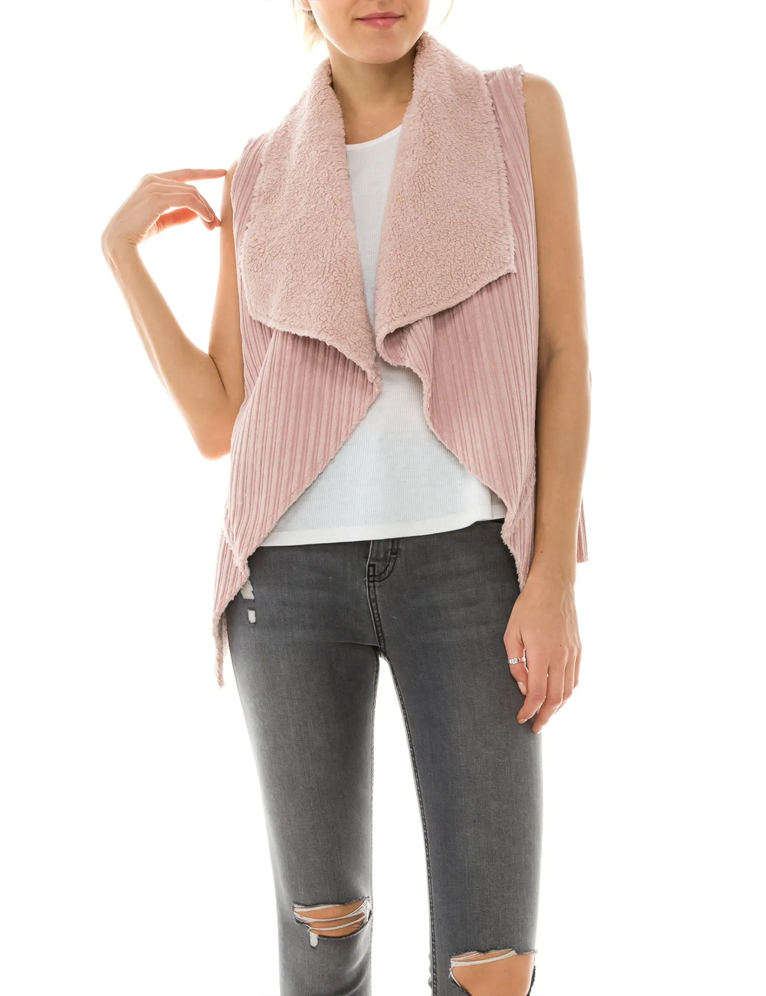 Womens Faux Fur Shearing Fully Lined Suede Vest Coat with Stripe Textured