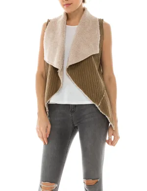 Womens Faux Fur Shearing Fully Lined Suede Vest Coat with Stripe Textured