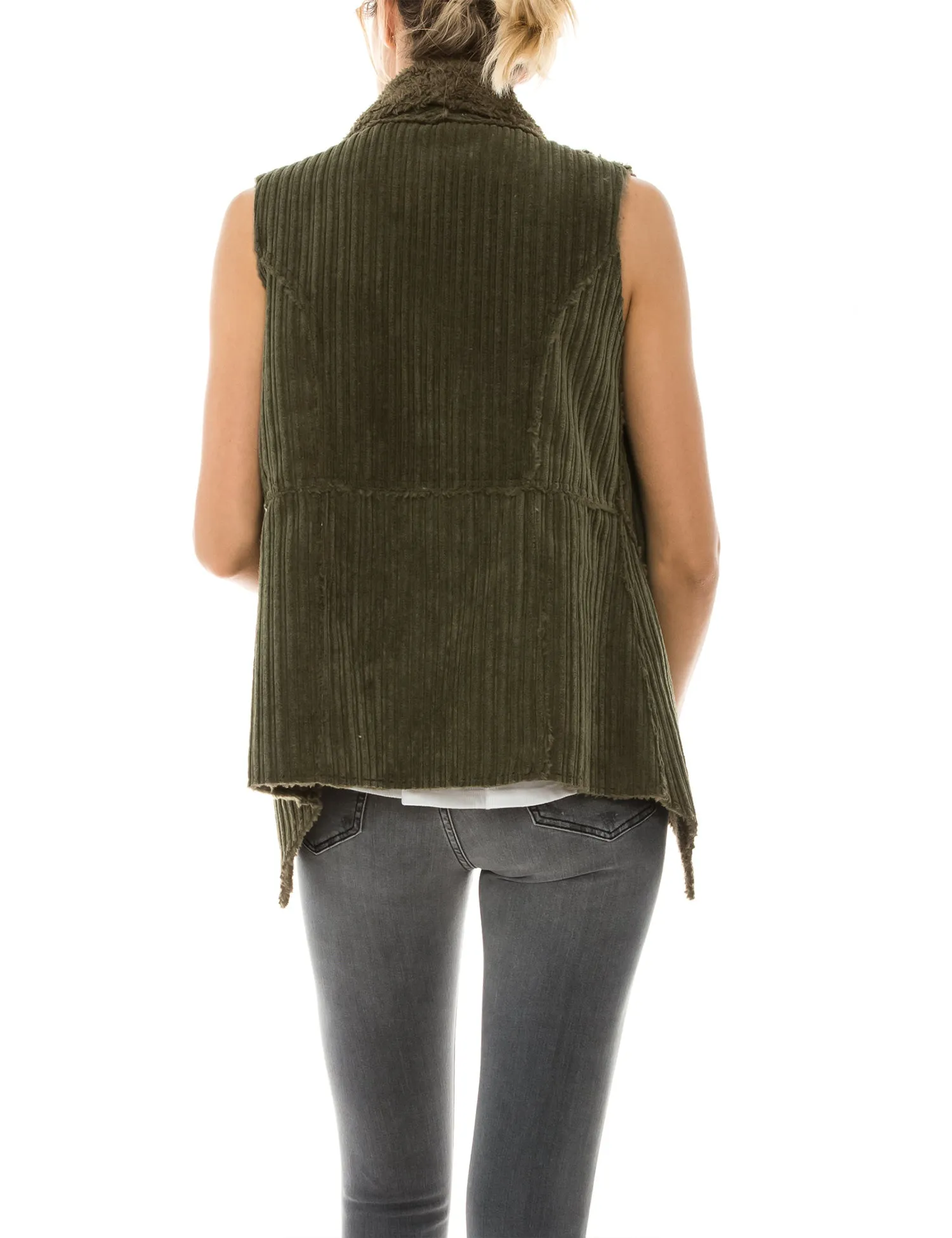 Womens Faux Fur Shearing Fully Lined Suede Vest Coat with Stripe Textured