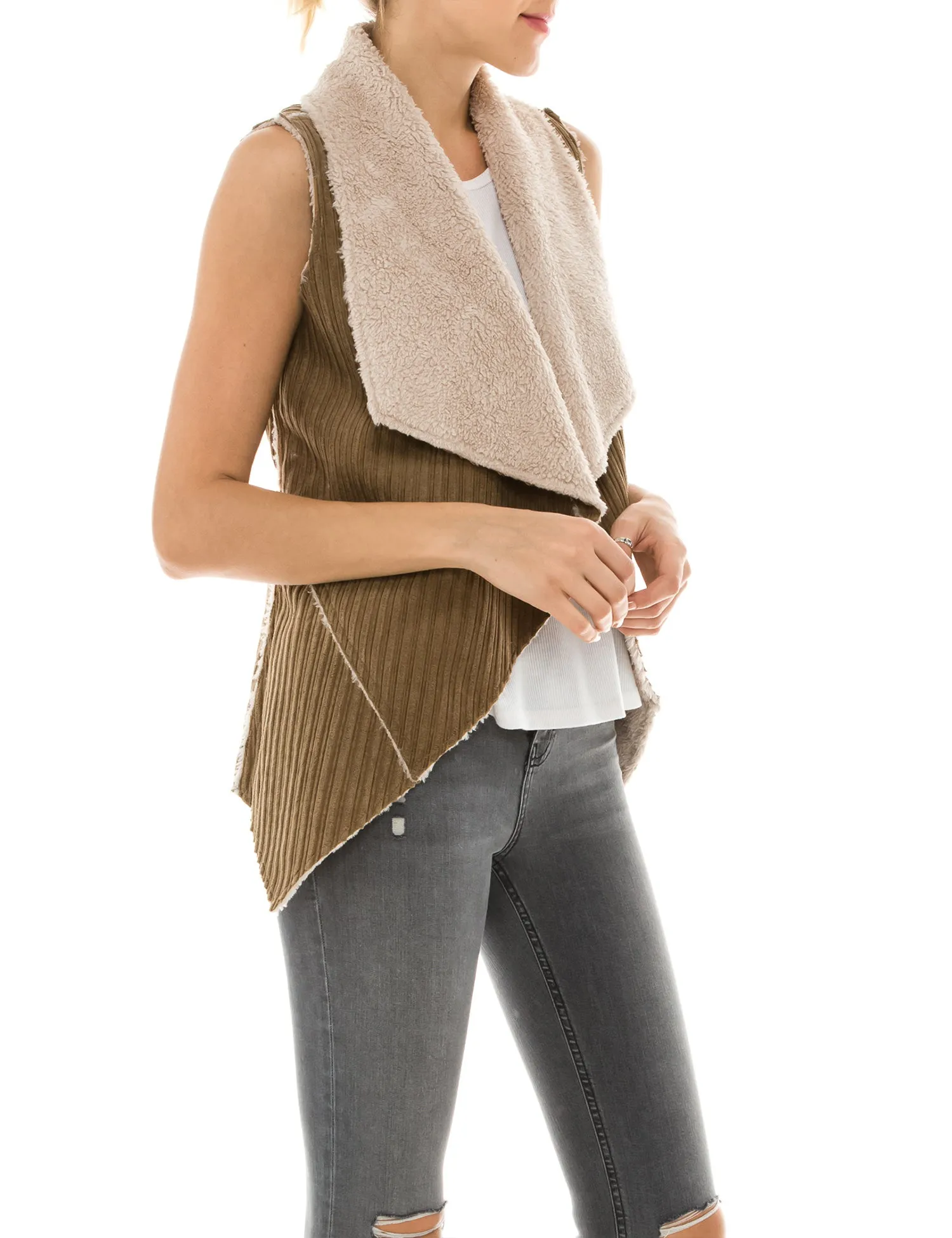 Womens Faux Fur Shearing Fully Lined Suede Vest Coat with Stripe Textured