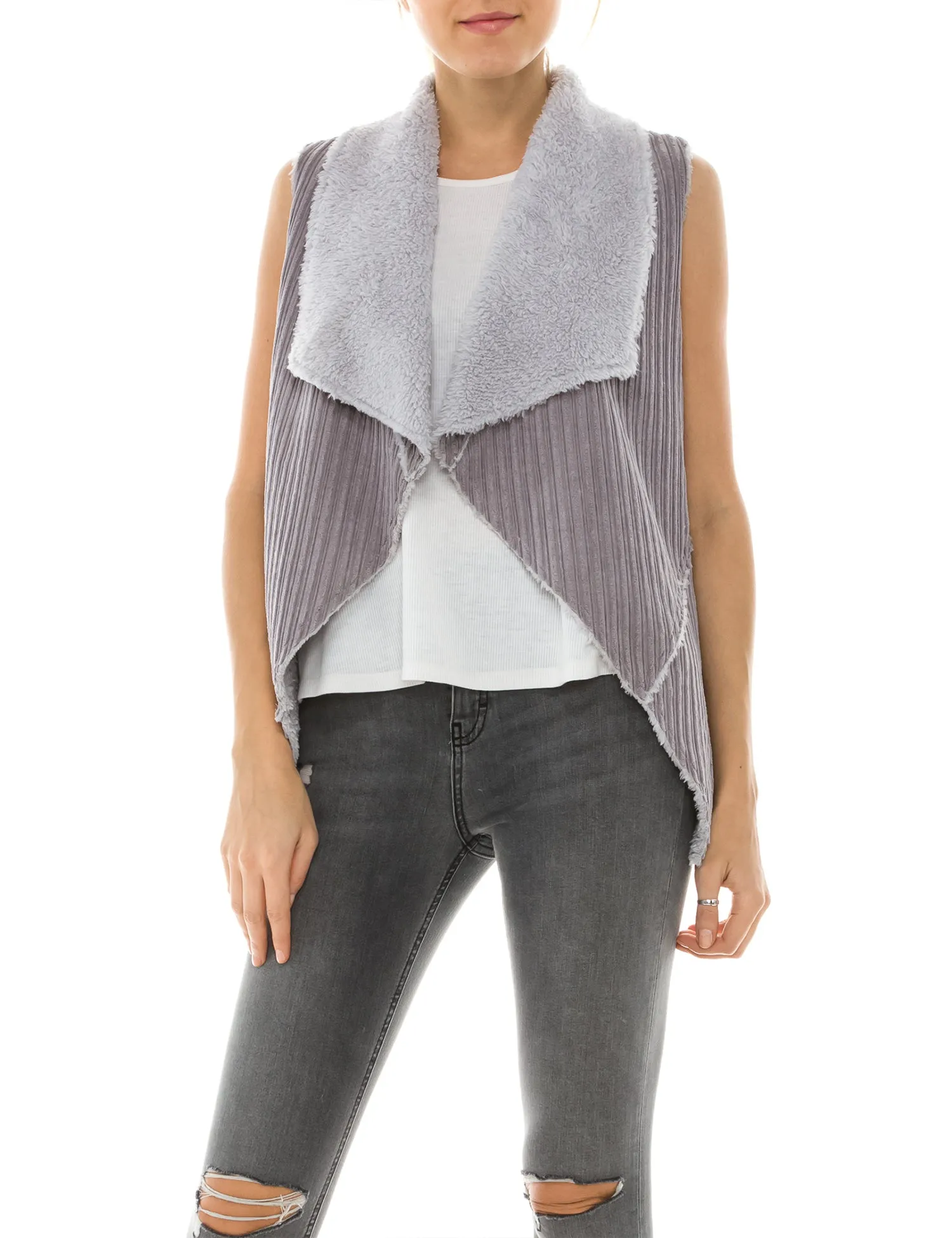 Womens Faux Fur Shearing Fully Lined Suede Vest Coat with Stripe Textured