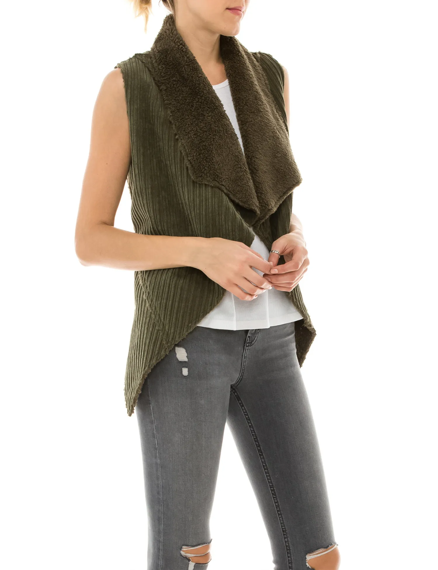 Womens Faux Fur Shearing Fully Lined Suede Vest Coat with Stripe Textured