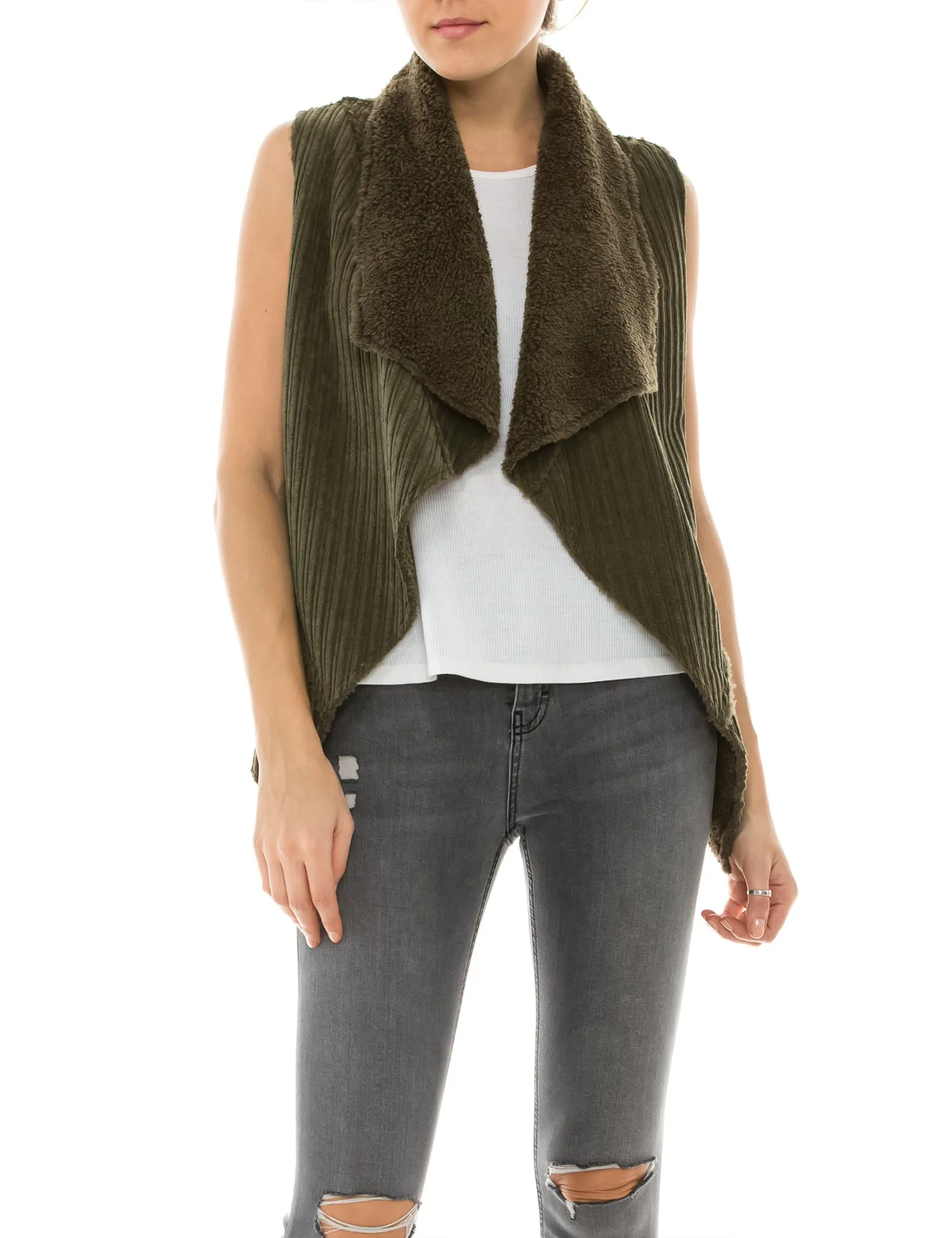 Womens Faux Fur Shearing Fully Lined Suede Vest Coat with Stripe Textured