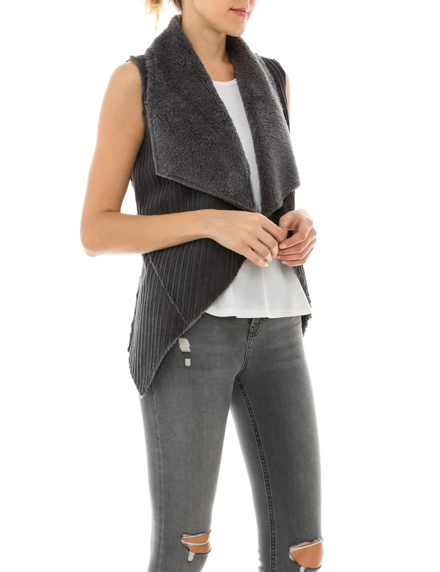 Womens Faux Fur Shearing Fully Lined Suede Vest Coat with Stripe Textured