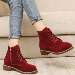 Women's faux suede lace-up  combat booties with zipper