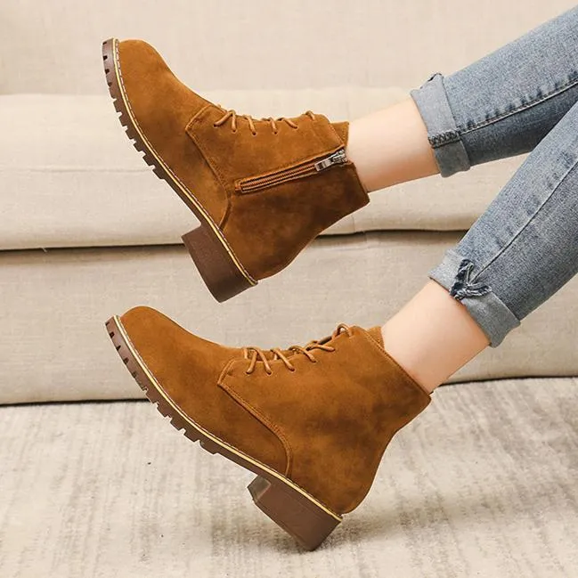 Women's faux suede lace-up  combat booties with zipper