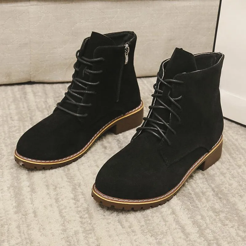 Women's faux suede lace-up  combat booties with zipper
