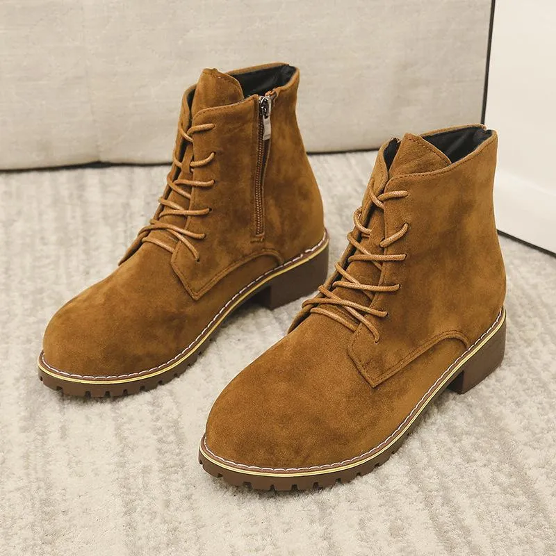 Women's faux suede lace-up  combat booties with zipper
