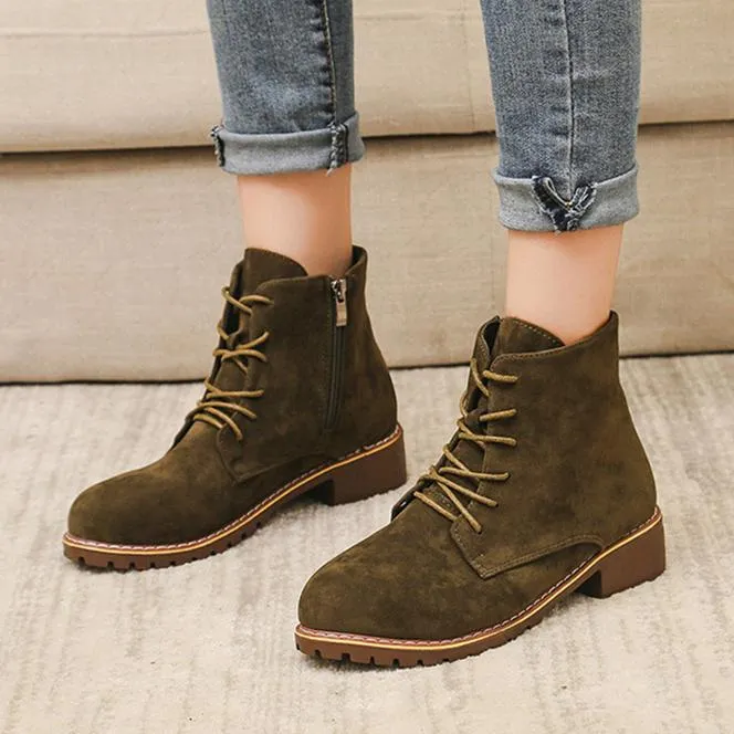 Women's faux suede lace-up  combat booties with zipper