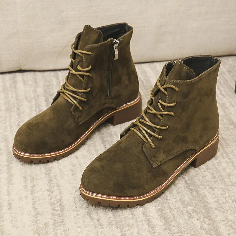Women's faux suede lace-up  combat booties with zipper