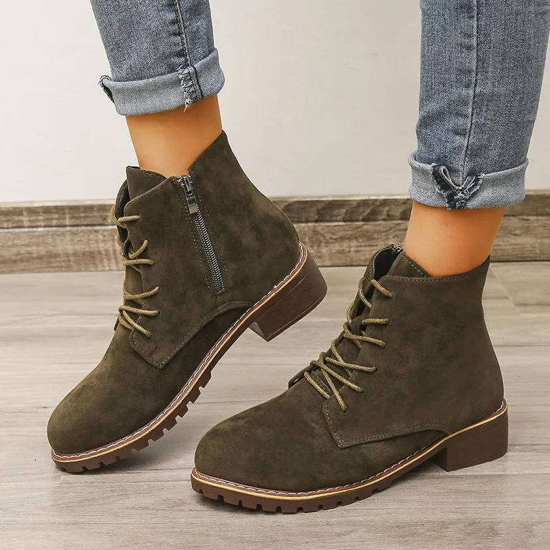 Women's faux suede lace-up  combat booties with zipper