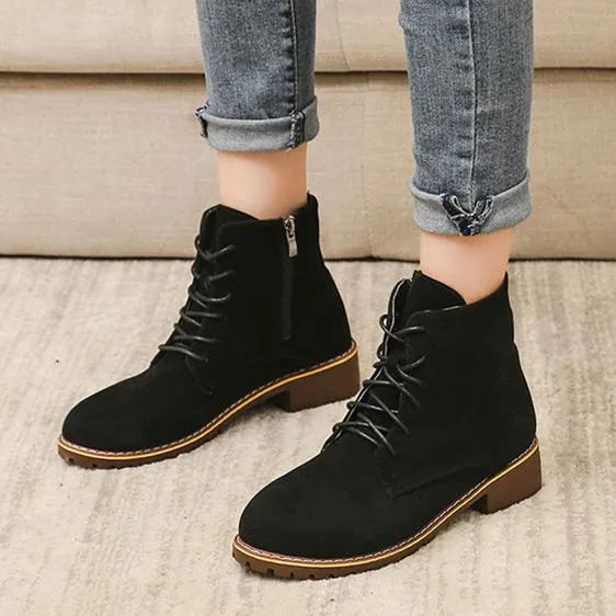 Women's faux suede lace-up  combat booties with zipper