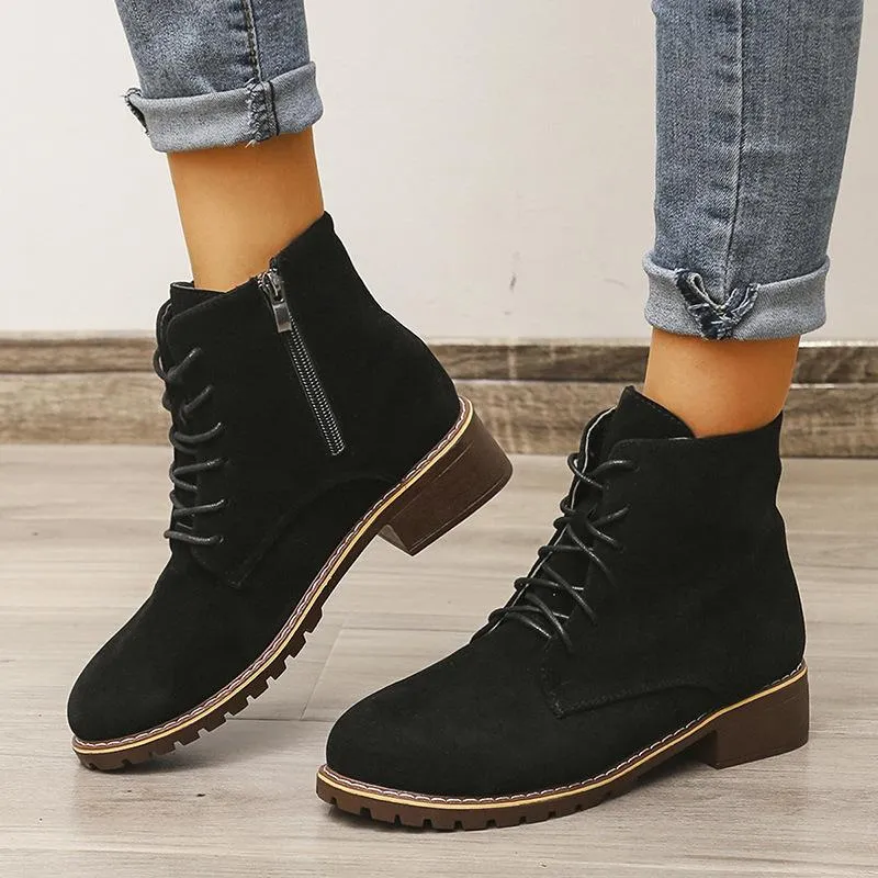 Women's faux suede lace-up  combat booties with zipper