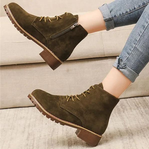 Women's faux suede lace-up  combat booties with zipper