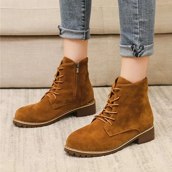 Women's faux suede lace-up  combat booties with zipper