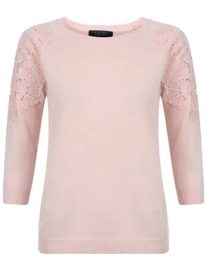 Womens Flower Lace Applique Jumper in Pink