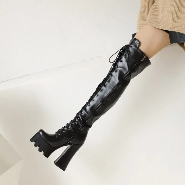 Women's Pu Leather Side Zippers Chunky Heel Platform Over the Knee Boots