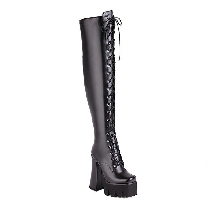Women's Pu Leather Side Zippers Chunky Heel Platform Over the Knee Boots