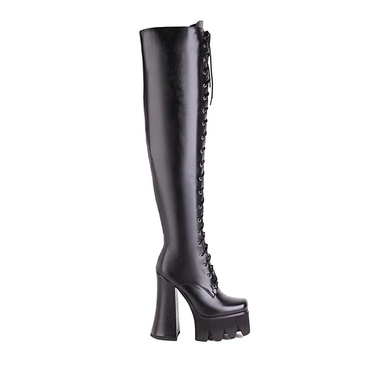 Women's Pu Leather Side Zippers Chunky Heel Platform Over the Knee Boots