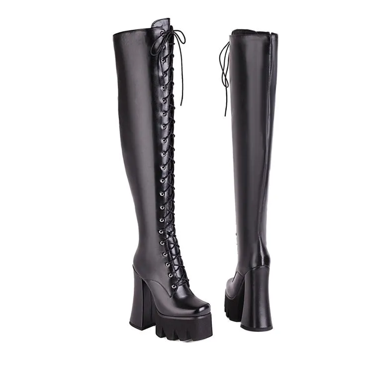 Women's Pu Leather Side Zippers Chunky Heel Platform Over the Knee Boots