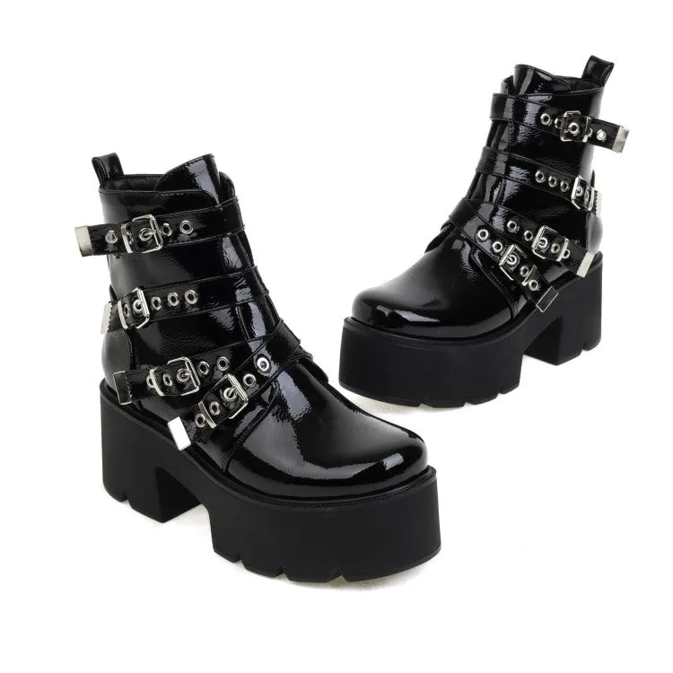 Women's Round Toe Buckle Straps Block Heel Platform Short Boots