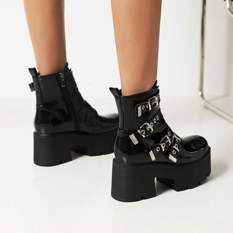 Women's Round Toe Buckle Straps Block Heel Platform Short Boots