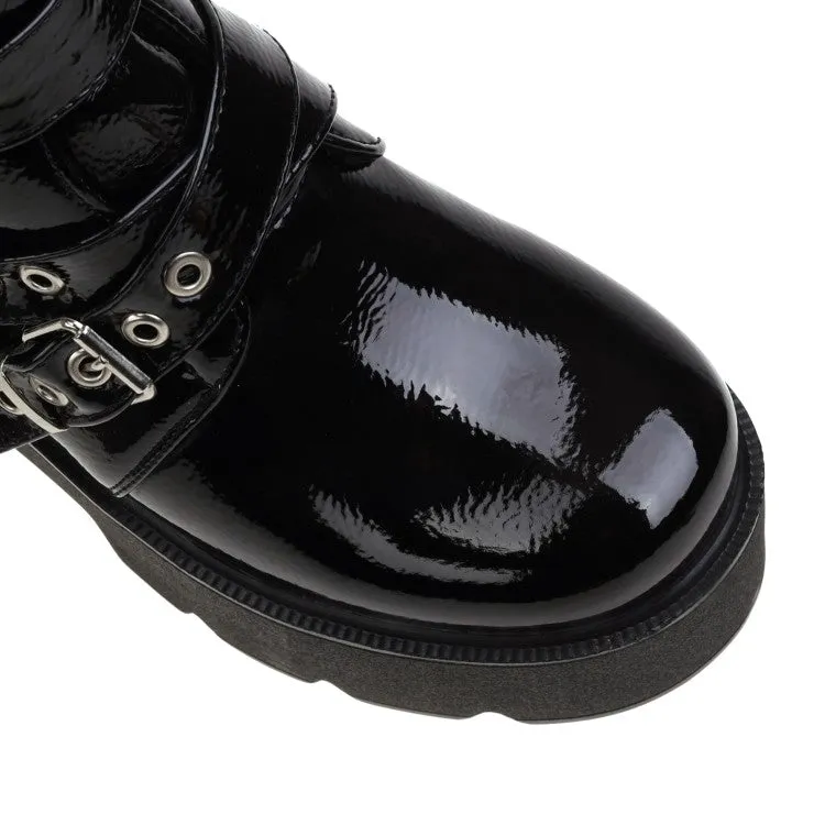 Women's Round Toe Buckle Straps Block Heel Platform Short Boots