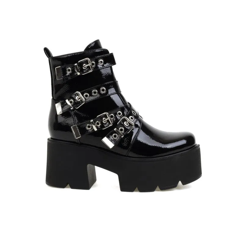 Women's Round Toe Buckle Straps Block Heel Platform Short Boots