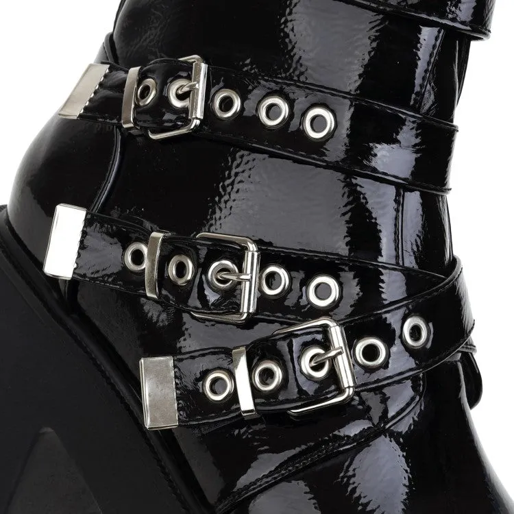 Women's Round Toe Buckle Straps Block Heel Platform Short Boots