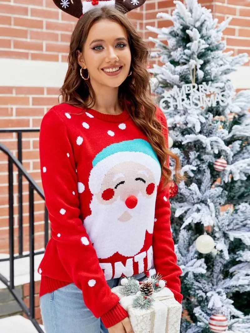 Women's Santa Pullover Sweater – Christmas Letter Embroidery Long Sleeve Crew Neck Top