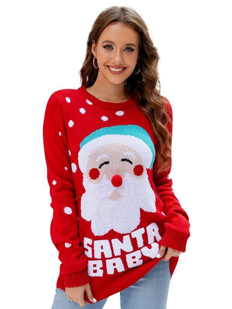 Women's Santa Pullover Sweater – Christmas Letter Embroidery Long Sleeve Crew Neck Top