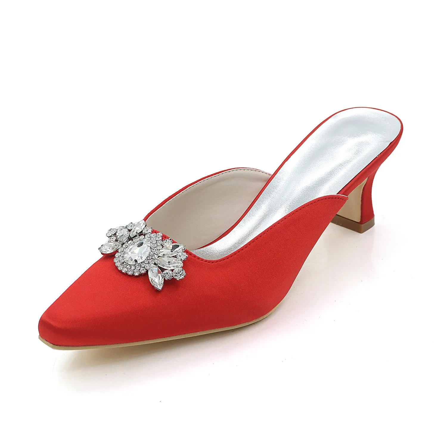 Women's Satin Chunky Heel Pumps With Rhinestone Wedding Shoes Bridal Shoes
