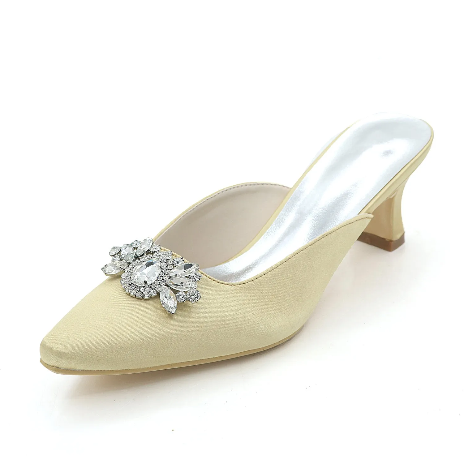 Women's Satin Chunky Heel Pumps With Rhinestone Wedding Shoes Bridal Shoes