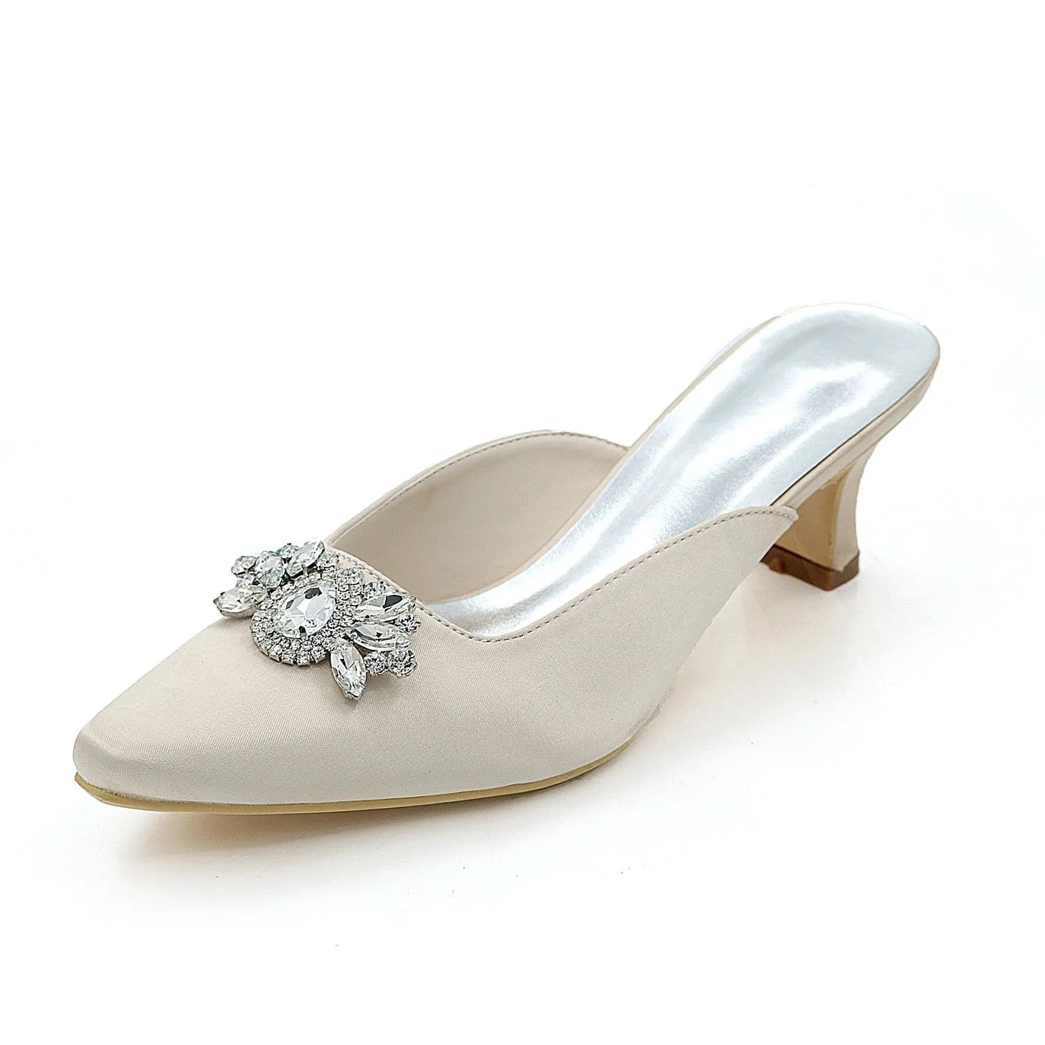 Women's Satin Chunky Heel Pumps With Rhinestone Wedding Shoes Bridal Shoes