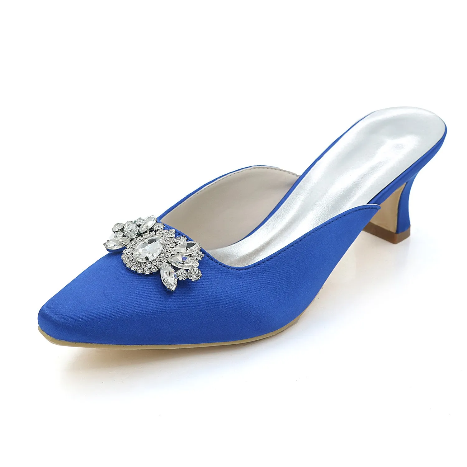 Women's Satin Chunky Heel Pumps With Rhinestone Wedding Shoes Bridal Shoes