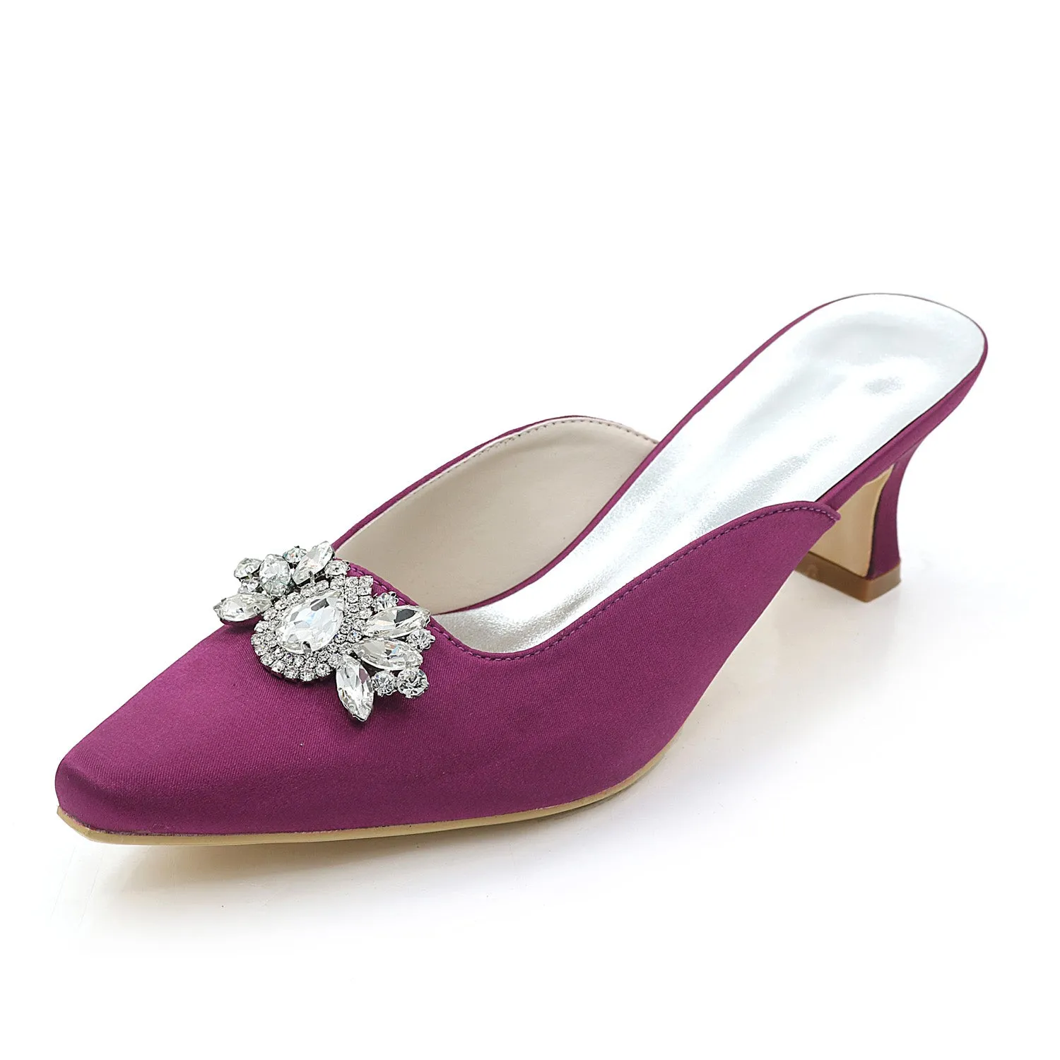 Women's Satin Chunky Heel Pumps With Rhinestone Wedding Shoes Bridal Shoes